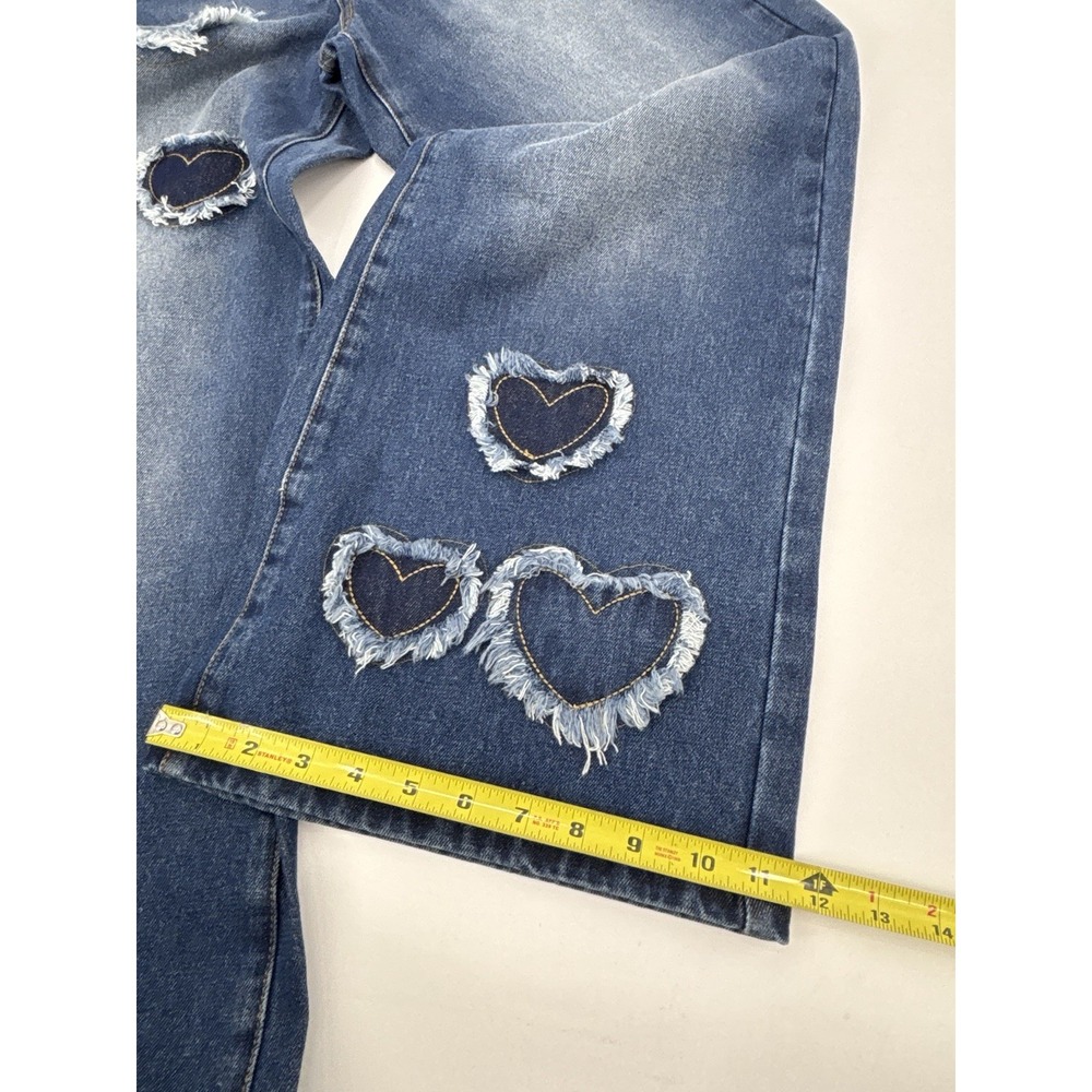 Womens Wide Leg Heart patchwork Denim Jeans Medium Wash Y2K Coquette Size Small - Picture 13 of 13